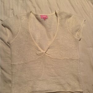 Edikted Cream V-Neck Lace Crop Top